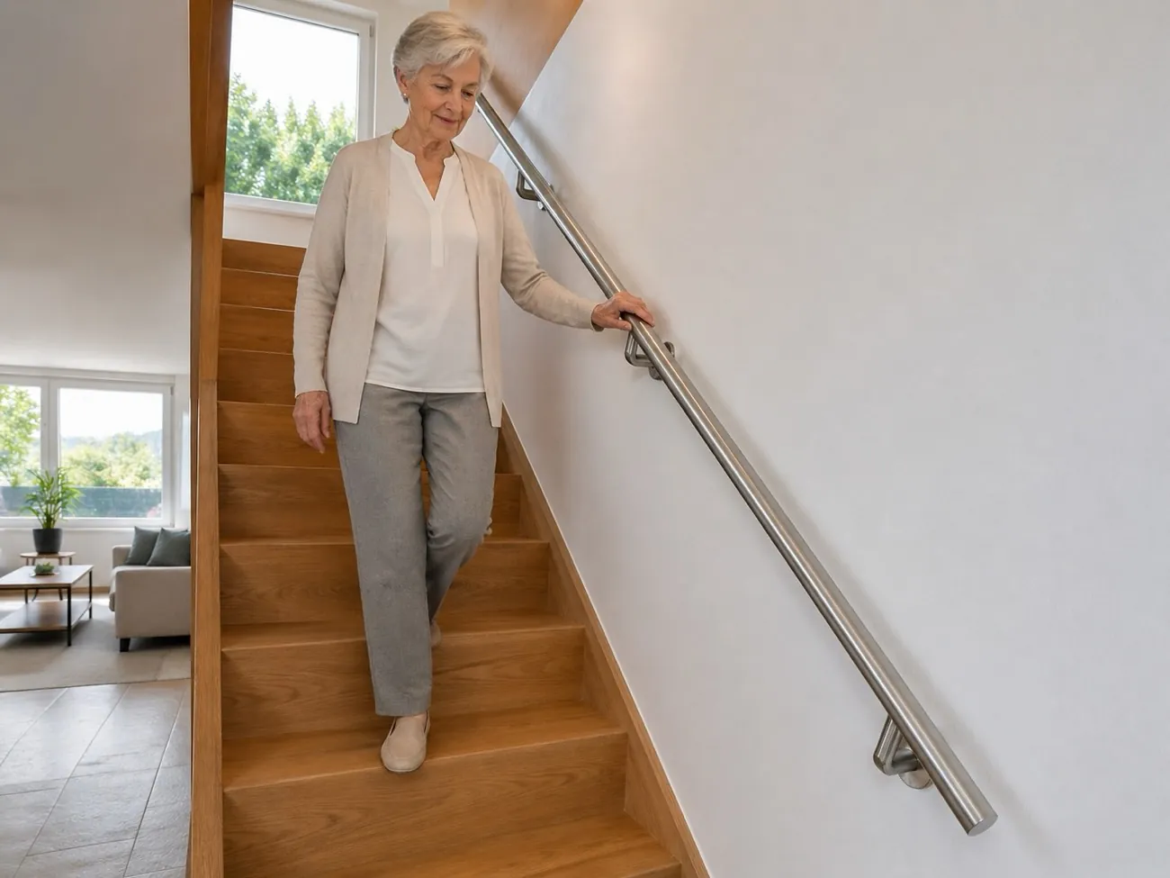 Handlauf an einer Treppe gibt beim Hinaufgehen sicheren Halt